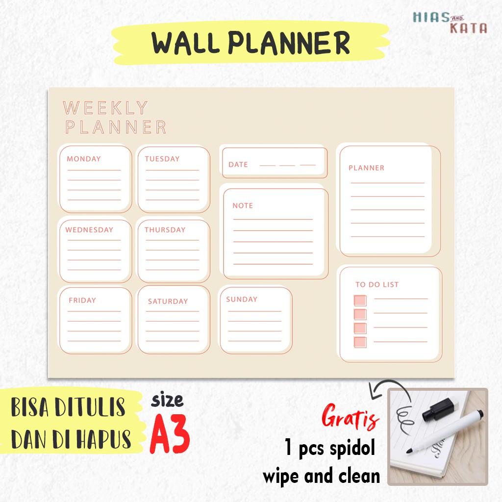 

Wall Planner board weekly schedule size A3 gratis spidol wipe & clean