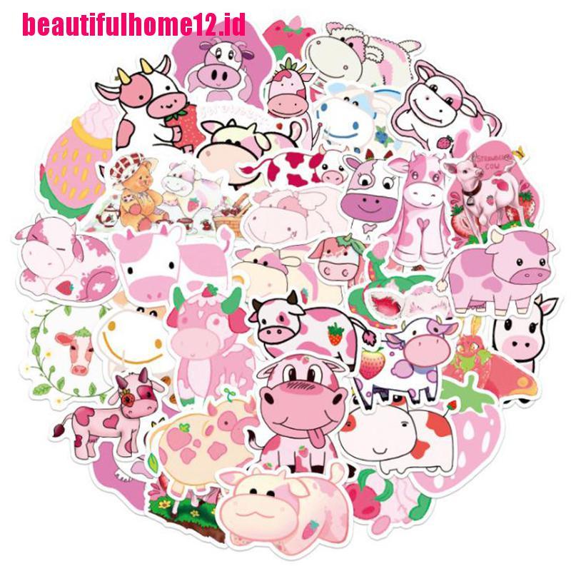 【beautifulhome12.id】50Pcs Cartoon Pink Strawberry Cow Stickers Laptop Skateboard Luggage Stickers