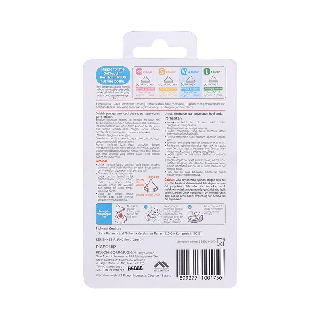 Pigeon SofTouch Peristaltic Plus Nipple Dot Wide Neck M 3 Pcs Blister 3+ Bulan
