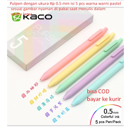 

Pulpen dengan ukura tip 0.5 mm isi 5 pcs warna warni pastel sesuai gambar nyaman di pakai saat menulis dalam waktu lama