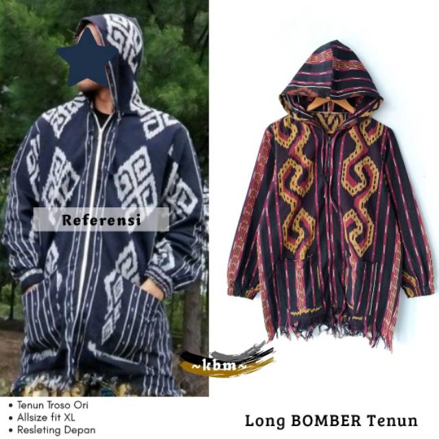 Jaket tenun long hoody etnik tenun ori troso