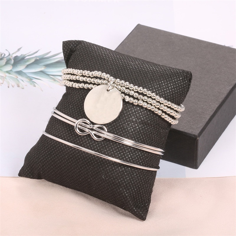 3pcs / Set Gelang Rantai Manik-Manik Multilayer Warna Silver Untuk Wanita