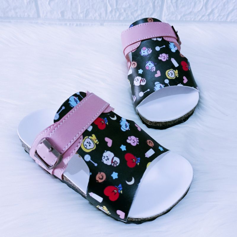 Sandal anak casual sendal selop  imitasi motif boneka hitam kekinian murah