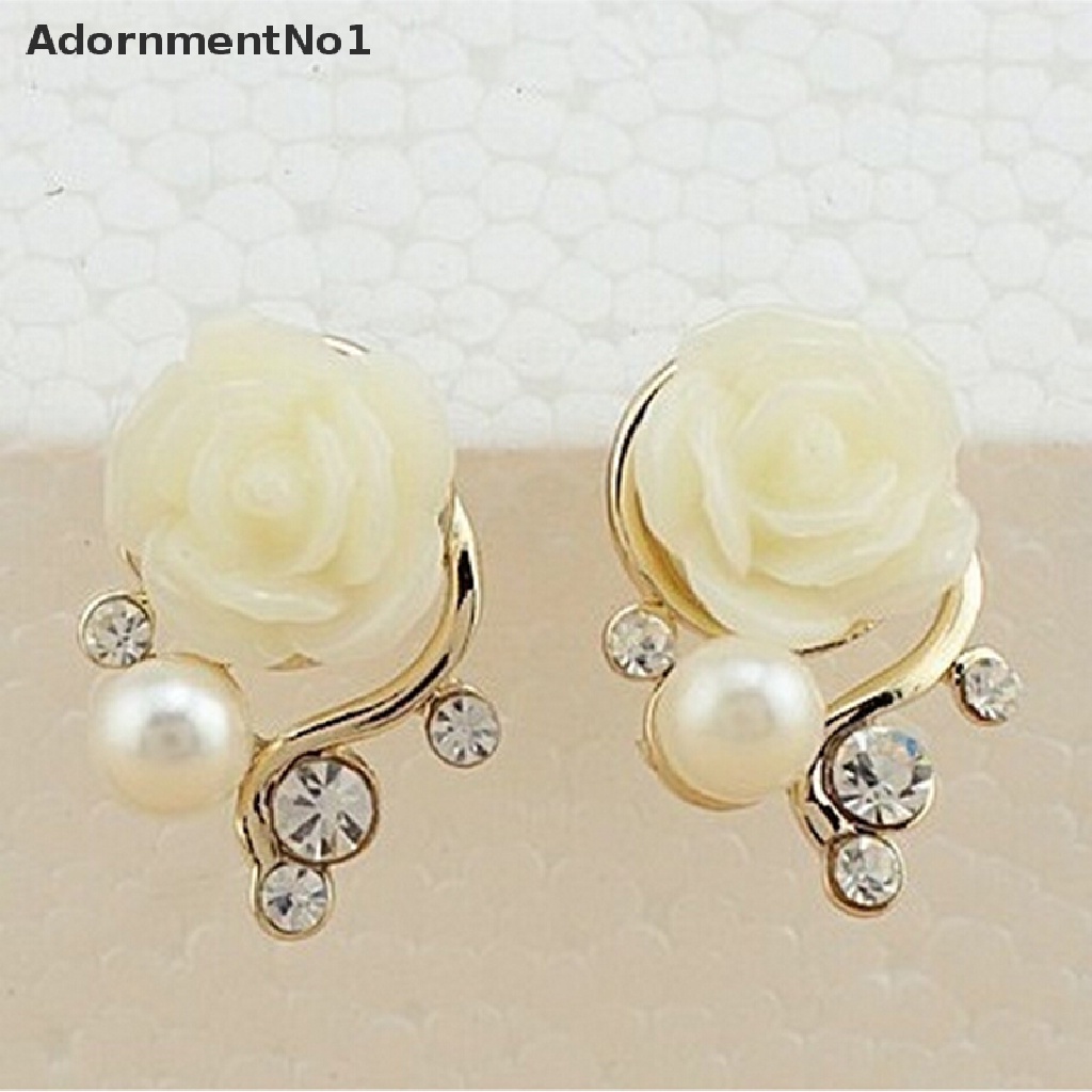 (AdornmentNo1) Anting Tusuk Bentuk Bunga Mawar Aksen Mutiara + Berlian Imitasi Untuk Perhiasan Wanita