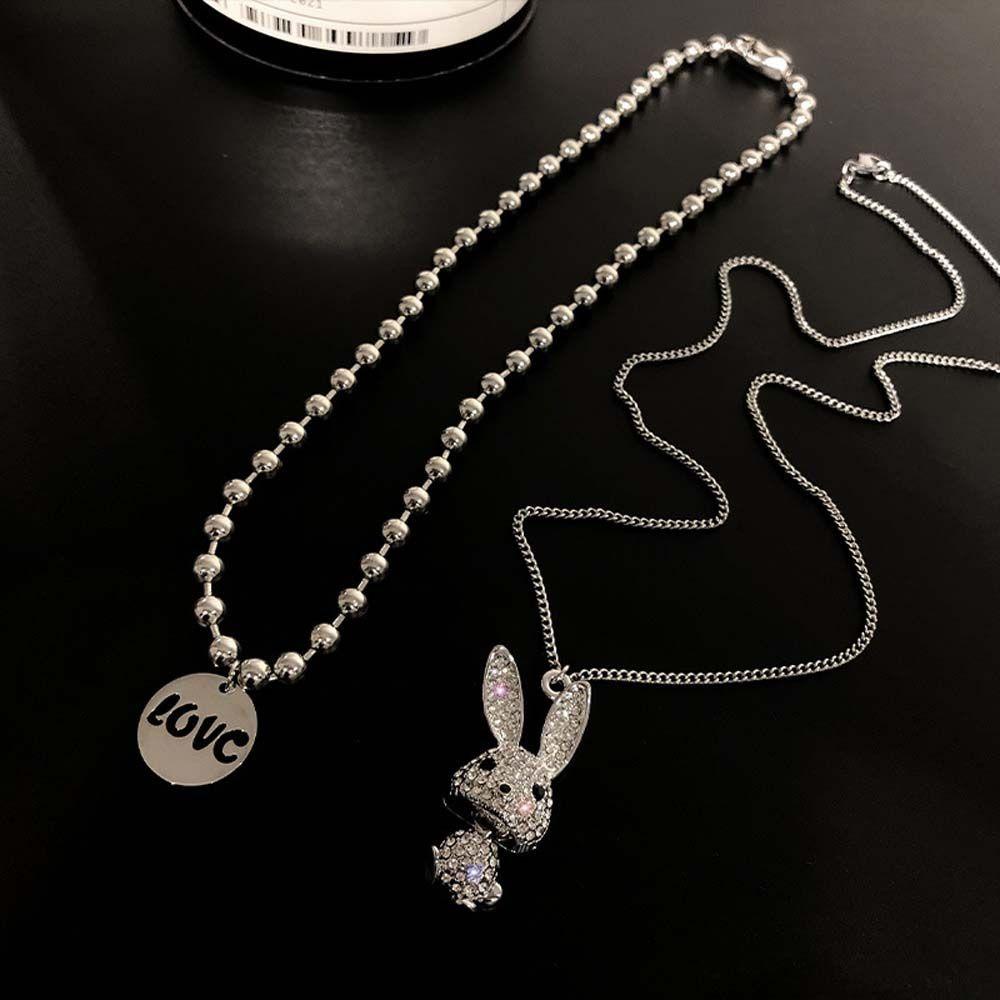 Mxbeauty Wanita Kalung Pria Lucu Double Layer Kartun Kelinci Perhiasan Fashion Rabbit Liontin Berlian Imitasi Rantai Logam Baja Titanium Choker