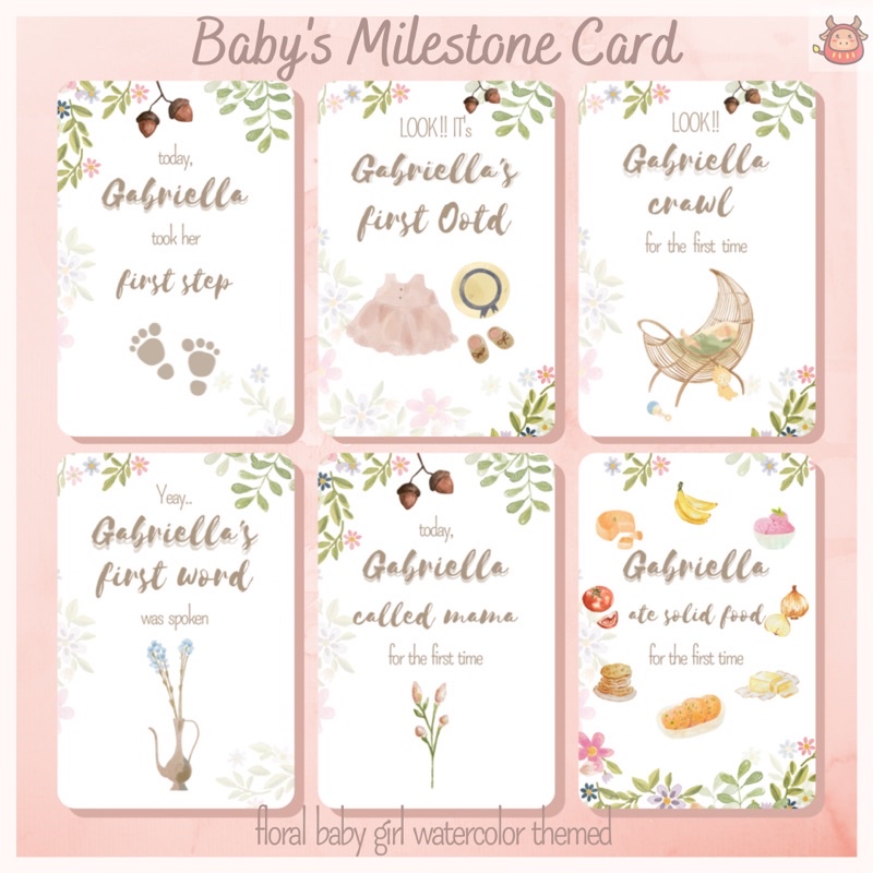 Baby milestone card baby girl premium watercolor floral theme free custom name