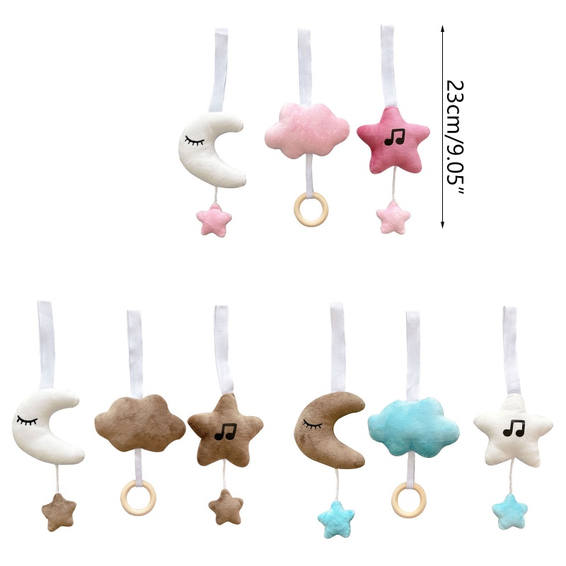 Mary 3pcs / Set Mainan Rattle Gantung Bentuk Bintang / Bulan / Awan Bahan Kayu Untuk Stroller Bayi