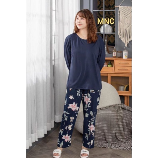PIYAMA PP WANITA IMPORT SPANDEX|BIGSIZE|JUMBO/SET OVERSIZE/BAJU TIDUR lengan panjang-PP.SJ NAVY BUNGA