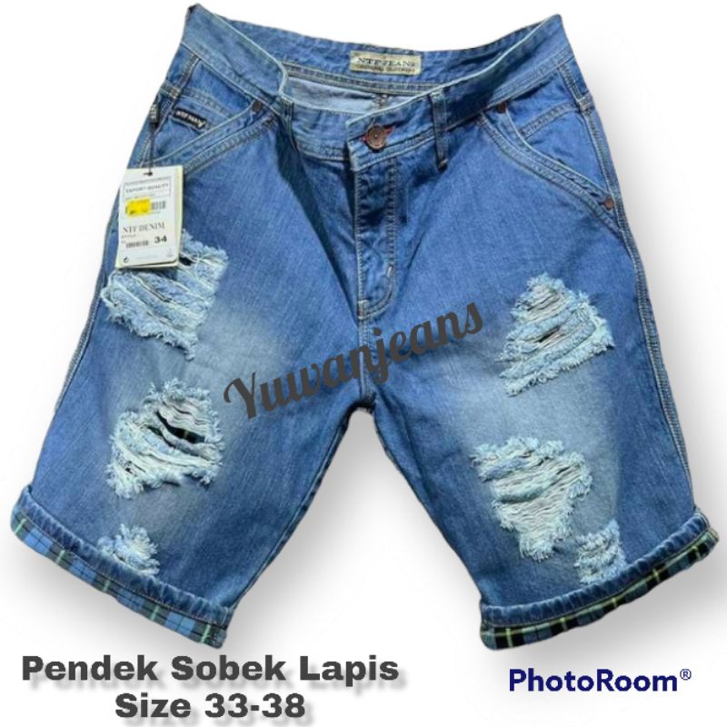 Celana Jeans Pria NTF Original Pendek Sobek lapis flanel - celana ¾ sobek lapis distro - celana Ripp