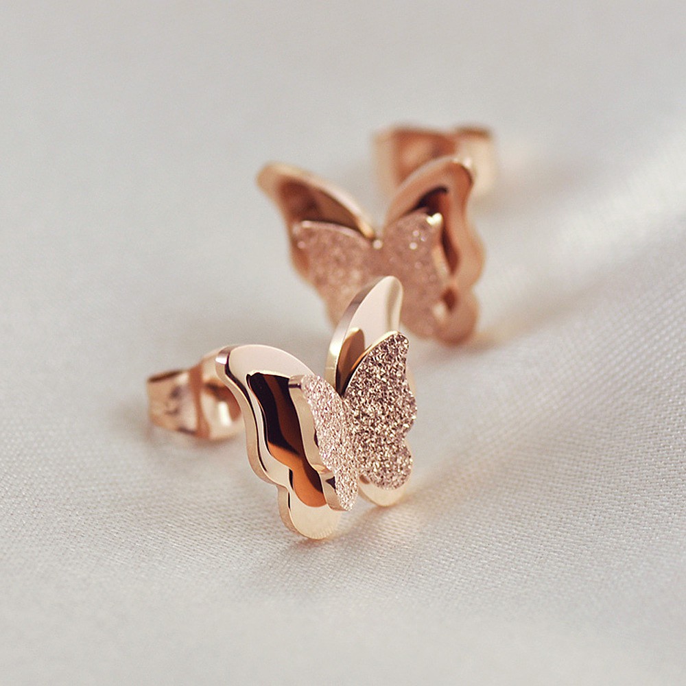 Anting Titanium Kupu kupu Rose Gold Wanita Korea Anti Karat Murah AA001