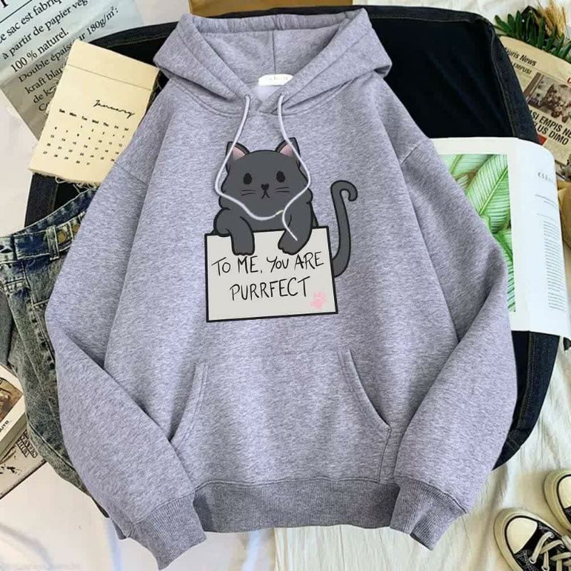Sweater Hoodie Korea wanita all size Hoodie Kucing Abu Hitam Biru
