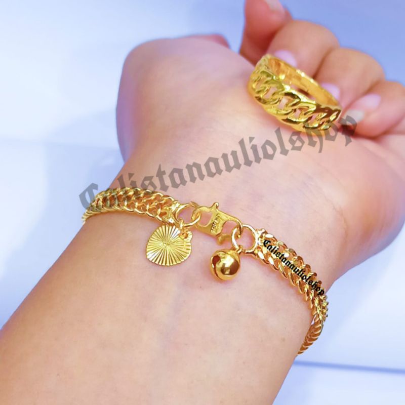 SET GELANG+CINCIN TIKAR MINIMALIS ELEGAN KCL CL1207P ANTI KARAT PERHIASAN EMAS KOREA