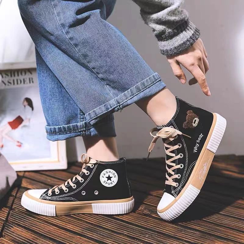 Sepatu Korea Wanita Why Bear Tinggi Hitam Coklat Import / Sepatu Sneakers Canvas Korean Style High Boot Women Fashion