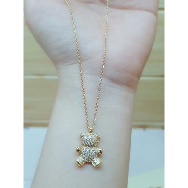 kalung titanium liontin microdimond bear / kalung liontin bear microdiamond / kalung asli titanium