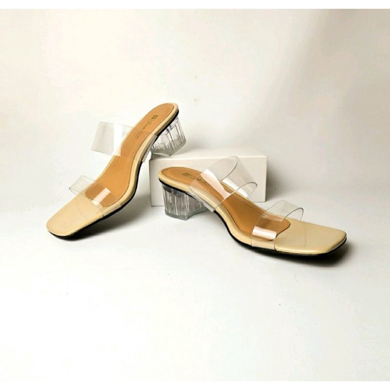 IMPOR / Sandal Higheels Kaca Wanita Ukuran Besar 41-45 / Slop Pesta Chunky Krem Kasual JUMBO, 44