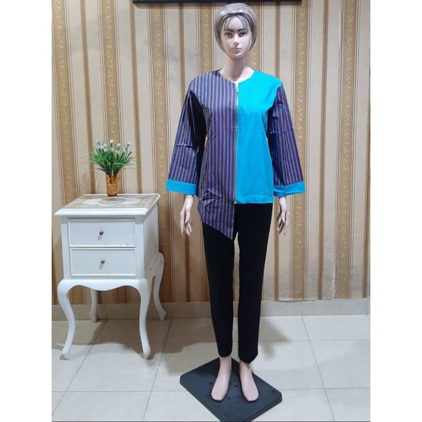 Blouse / Outer Tenun Lurik Handmade Biru kombinasi Ungu | Atasan Wanita Lurik Biru Ungu