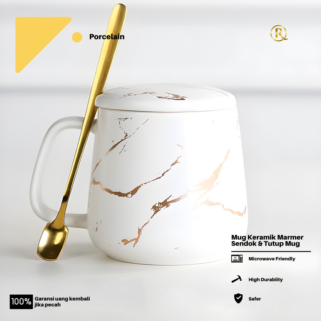 Gelas Mug Cangkir Marmer Marble Motif Emas tutup dan sendok 300ml