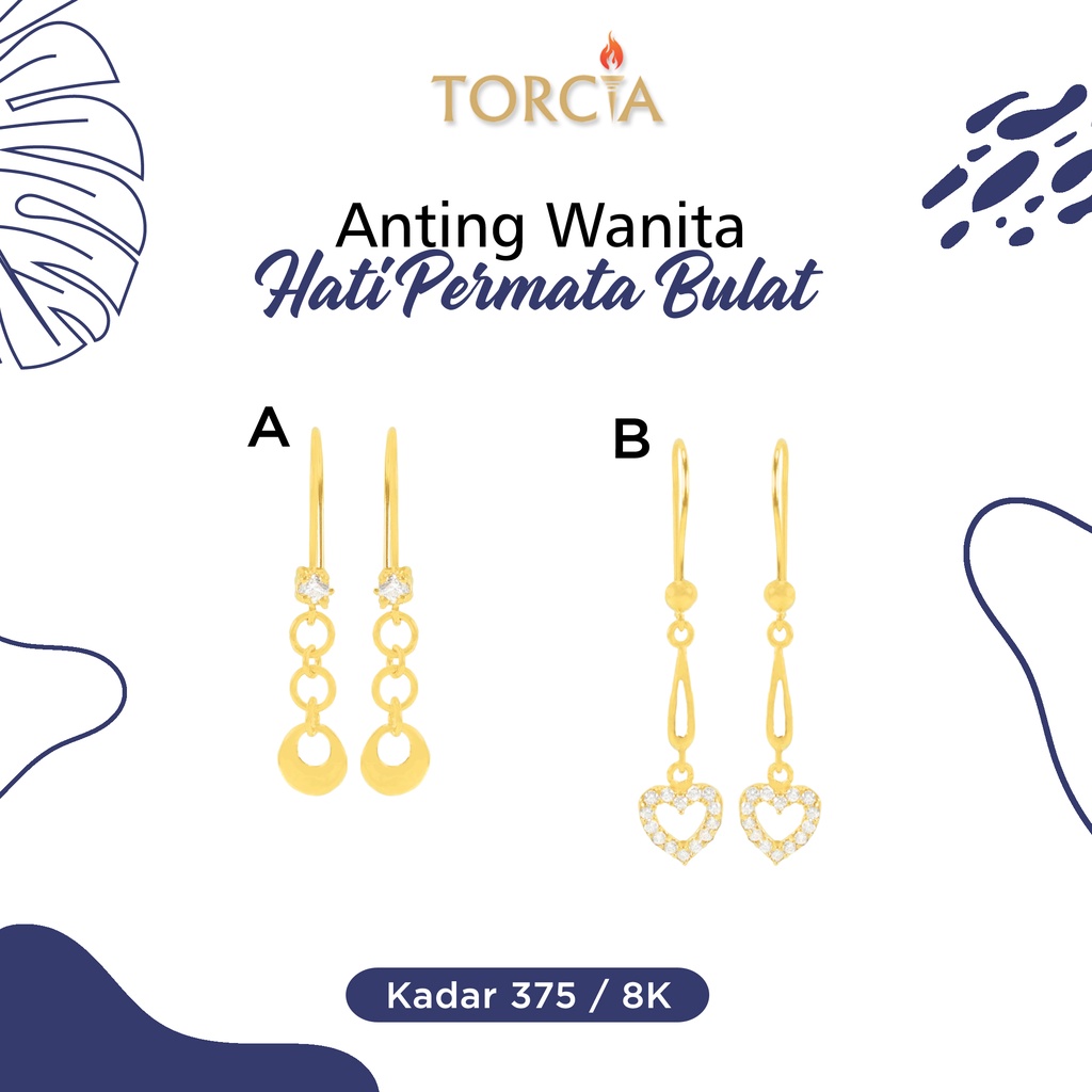 Anting Panjang Wanita Emas Asli Hati Permata Bulat Kadar 375 Torcia