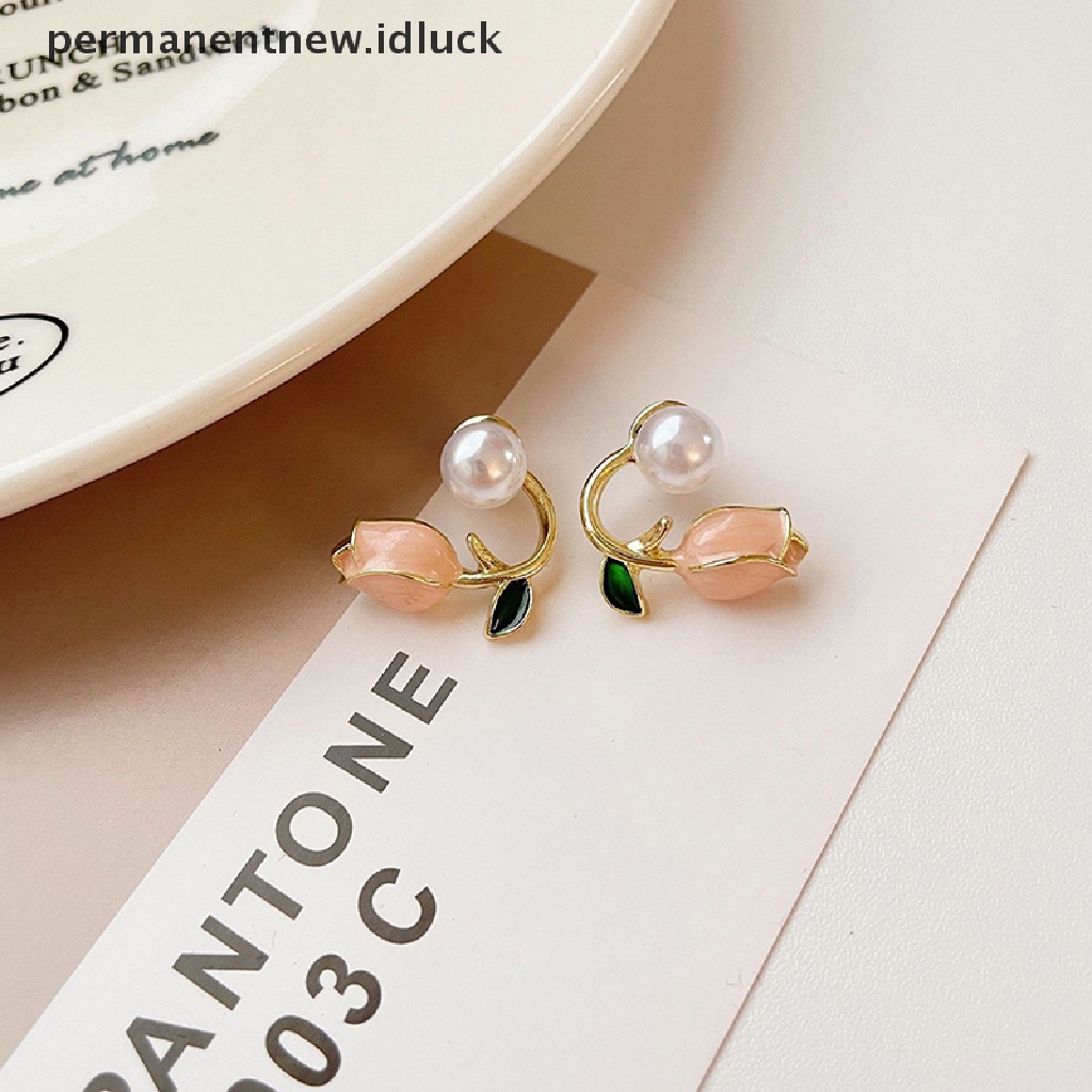 Anting Stud Bentuk Bunga Tulip Warna Pink Aksen Mutiara Gaya Korea