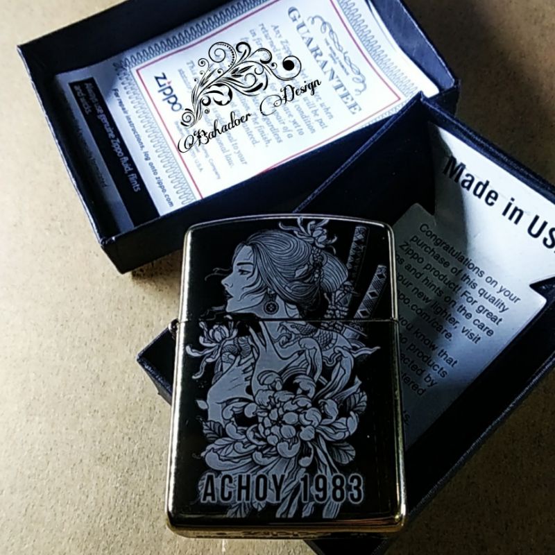 TERMURAH  ZIPPO CUSTOM GRAFIR ZIPPO GOLD CHROME CUSTOM LADY SAMURAI DESIGN BISA REQUEST CUSTOM DESIG