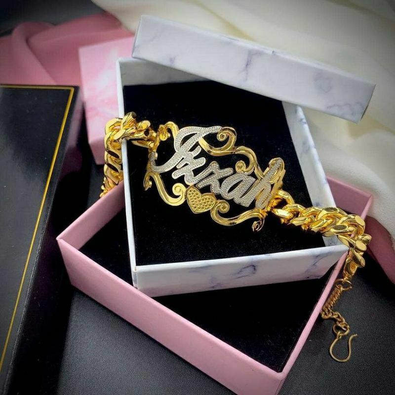 GELANG NAMA LAPIS EMAS MODEL RANTAI / GELANG TEMPAH NAMA / GELANG UKIR NAMA