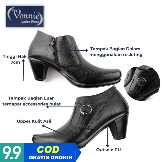 Sepatu Boots Wanita Vonnie CA180 hitam Tinggi Hak 7cm Kulit Asli