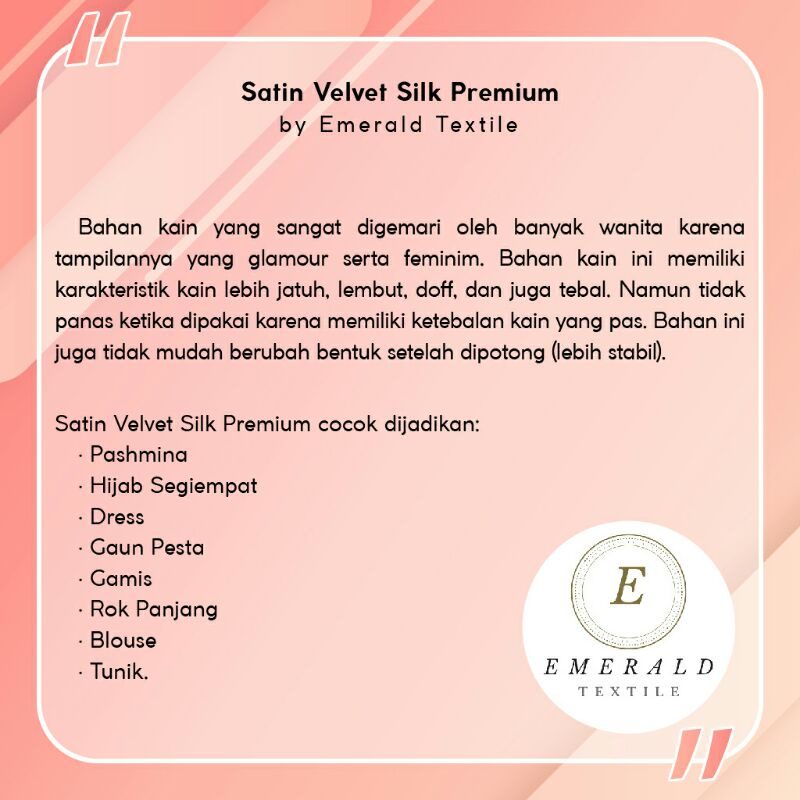 Handfeel Kain Potongan (warna random) Satin Velvet Silk Premium By Emerald Textile