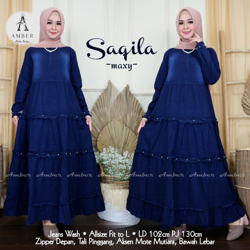 SAQILA Maxi Gamis Model terbaru Cantik & Elegan bertabur mote jeans wash size L LD 102cm