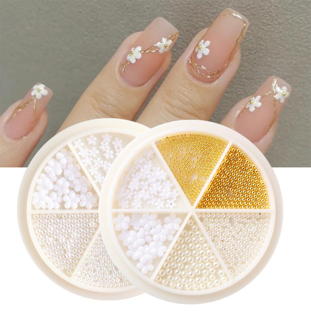 Timekey 6 Sekat / Kotak Bola Mutiara Putih Campur Untuk Dekorasi Nail Art DIY it A9K4