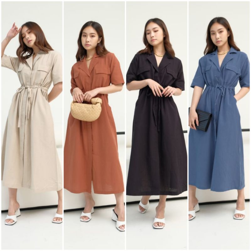 ❣️ SPECIAL PRICE ♡ PREMIUM ♡ ORIGINAL ! JEANNE LINEN VINTAGE COLLAR BUTTON POCKET TIED MIDI DRESS LONG OUTER ( BUSUI FRIENDLY )