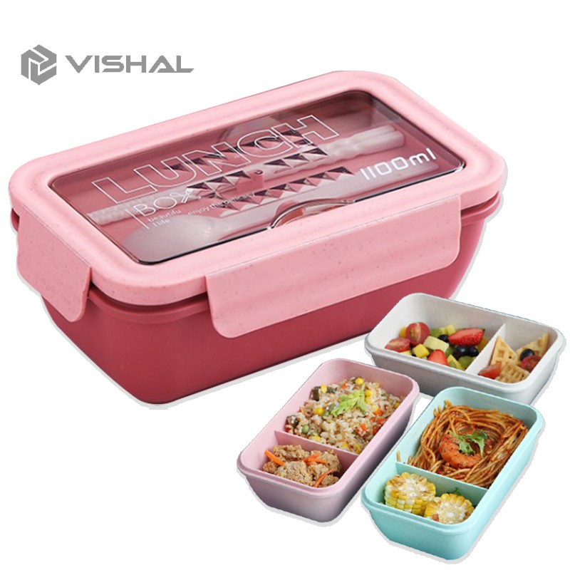 VISHAL Disegel Kotak Makan/Tempat Makan Dan Sendok WHEAT STRAW GANDUM 4 In 1 Lunch Box VS-36