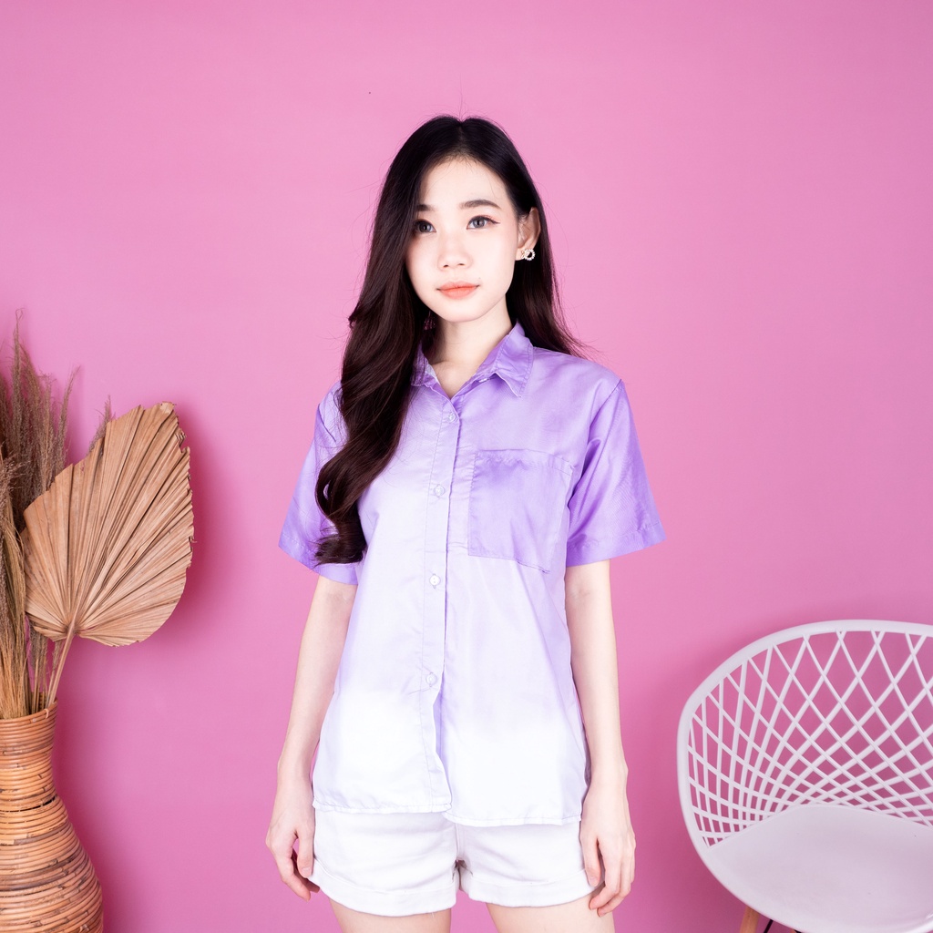 VS - KEMEJA HAWAI POLOS UNISEX KATUN TIE DYE LILAC KEMEJA LENGAN PENDEK