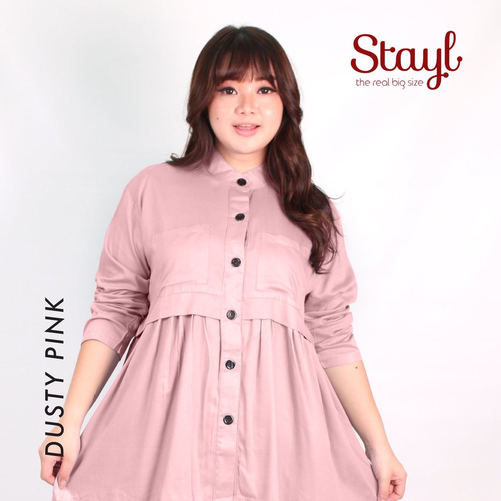 Kemeja Wanita Lengan Panjang LD 100 - 120 3XL Jumbo Rayon Twill 7 Warna Qanita Atasan Big Size XL-Dusty Pink