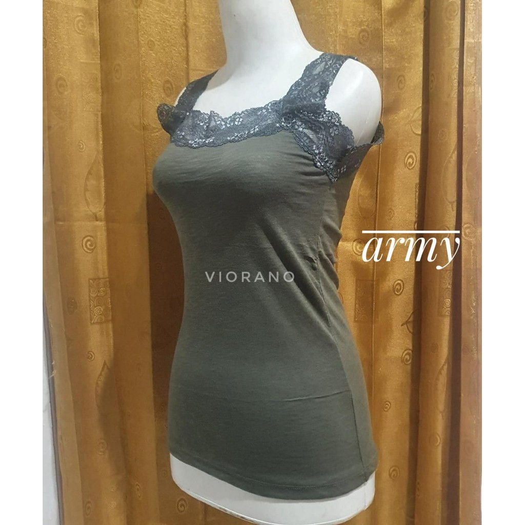 Termurah Tanktop Renda Wanita Harga Murah All Size Tengtop Cewek Camisol Tali Renda Tentop Dalaman-Army Standar