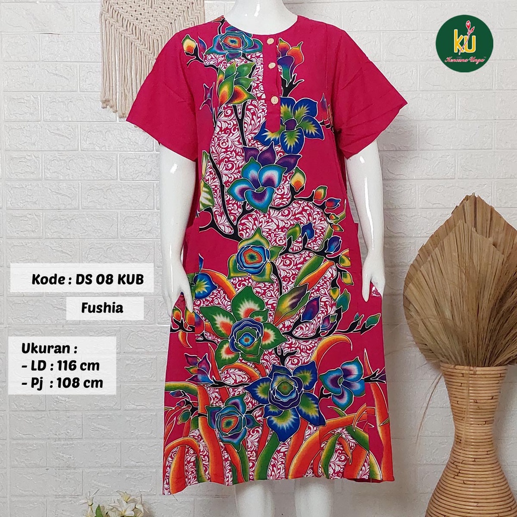 Bisa COD DS08 KUB | Daster Batik Kencana Ungu Asli Label Biru | Baju Santai Tidur Wanita Dewasa Kancing Depan Busui Friendly Motif Terbaru-Fushia 1