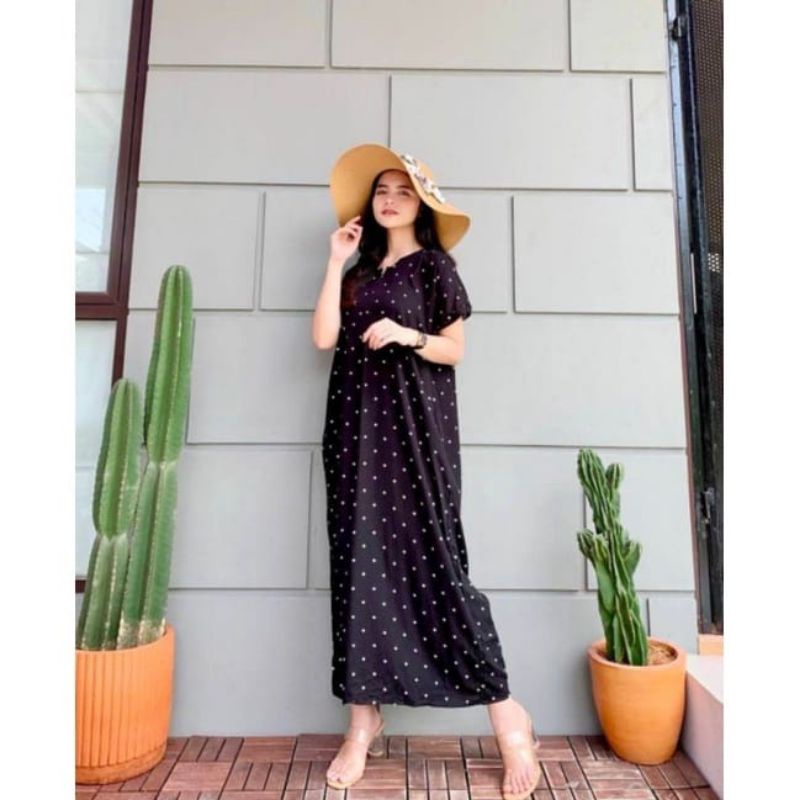 Daster Panjang Semata kaki Busui Kekinian Non Ruffle  AFERO STORE-LONG(POLKA HITAM)