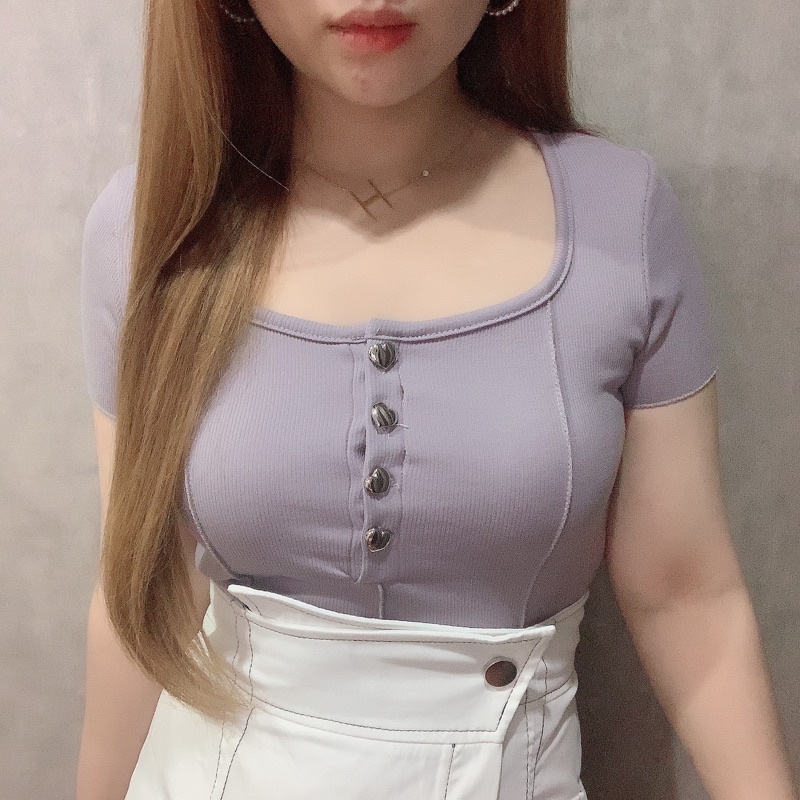 Love Button Crop Top | Atasan Wanita Korean Fashion | Maimon Grosir