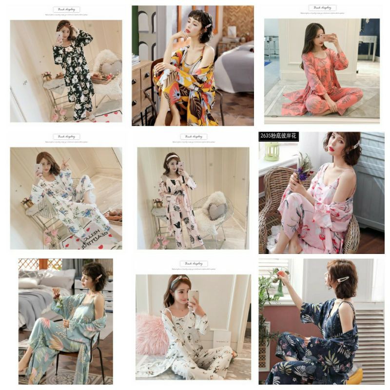 KZ_Stelan kimono 3in1 pp import / set baju tidur kimono 3in1 pp kekinian / Stelan kimono pp terbaru