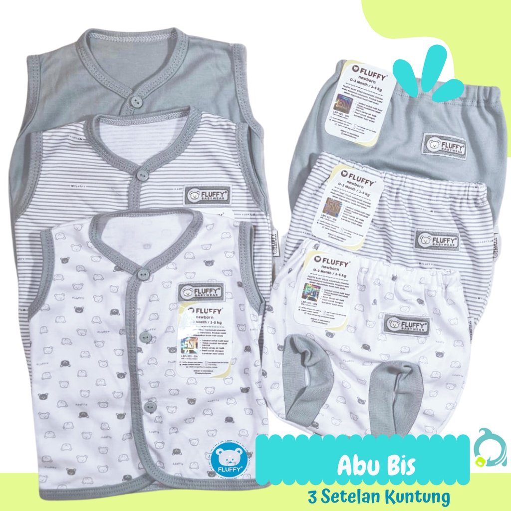 FLUFFY Abu-Abu Bis / Neci 3 Setelan Kuntung ( 3 Baju 3 Celana) Baju Bayi Baru Lahir / Newborn