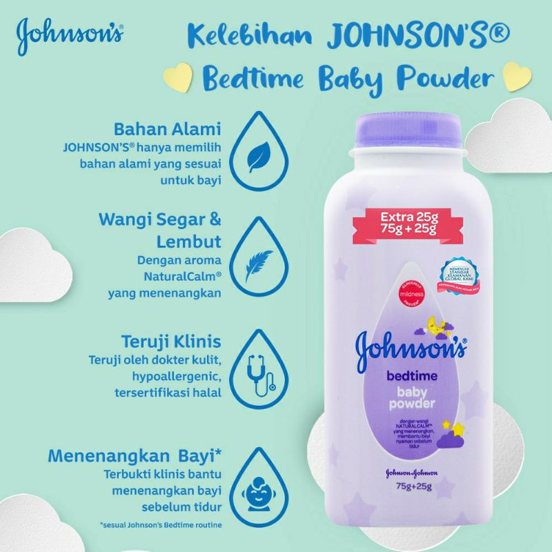 Johnson's Bedak Bedtime Extra Fill 75g+25g / Milk+rice 75g+25g/ Blossoms Pink 75g+25g /ActiveFresh