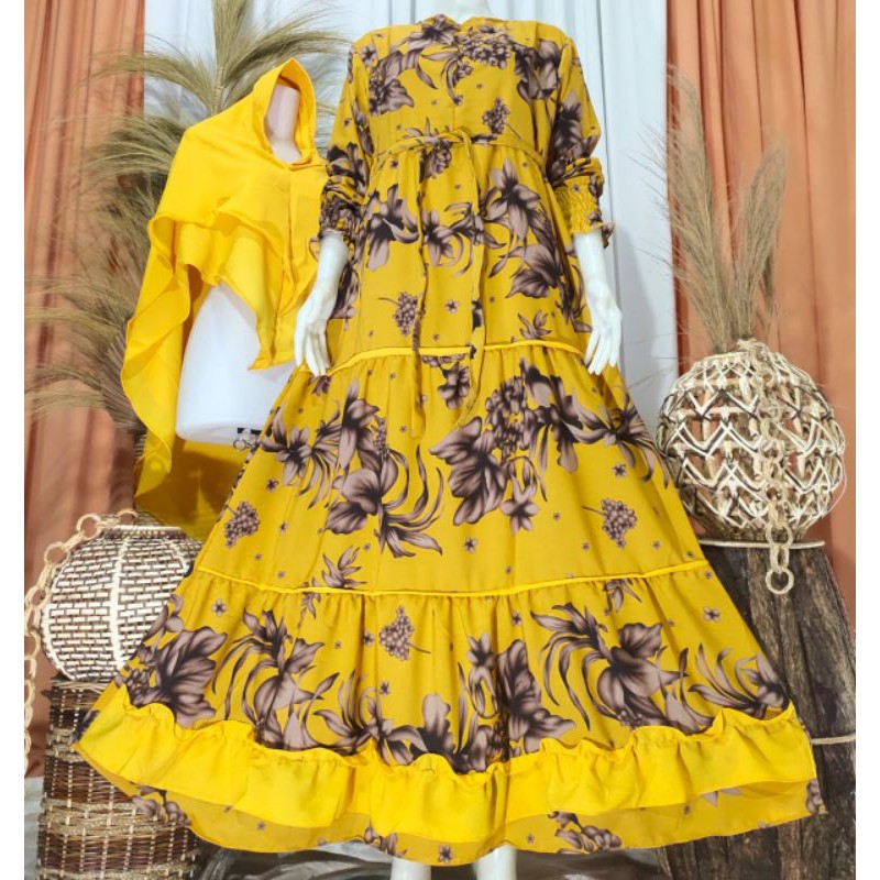 GAMIS SYAR'I SET HIJAB CERUTY 2 LAYER MOTIF MANIS BUNGA SEPATU//GAMIS MONALISA //GAMIS REMPEL 3SUSUN