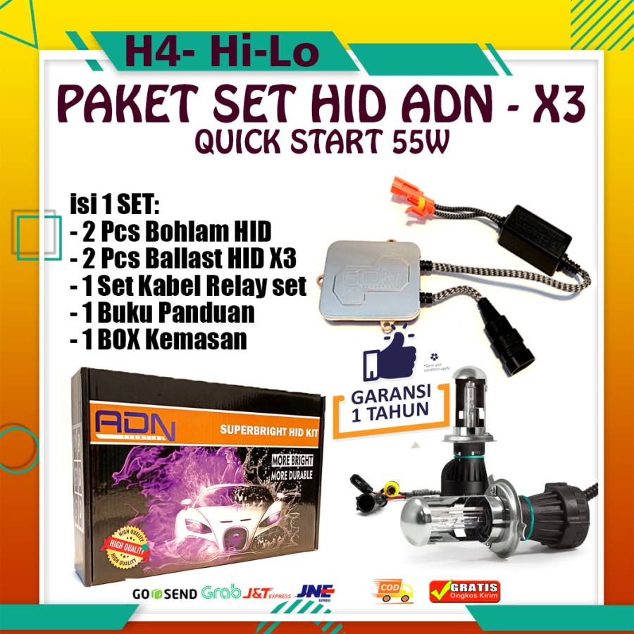 ADN.in PAKET HID set X3 DC 55W H4 Hi Lo DIGITAL QUICK START SUPERBRIGHT