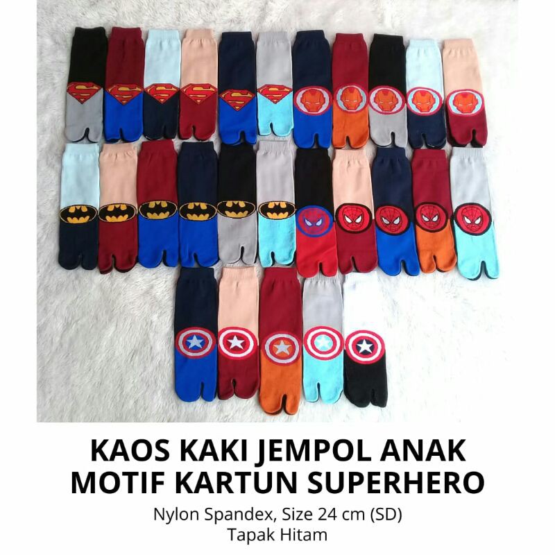 Kaos Kaki Jempol Anak Laki2/Cowok Motif Kartun Superhero, Superman, Batman, Spiderman, Captain America, Iron man (Murah, Panjang, Tapak Hitam)