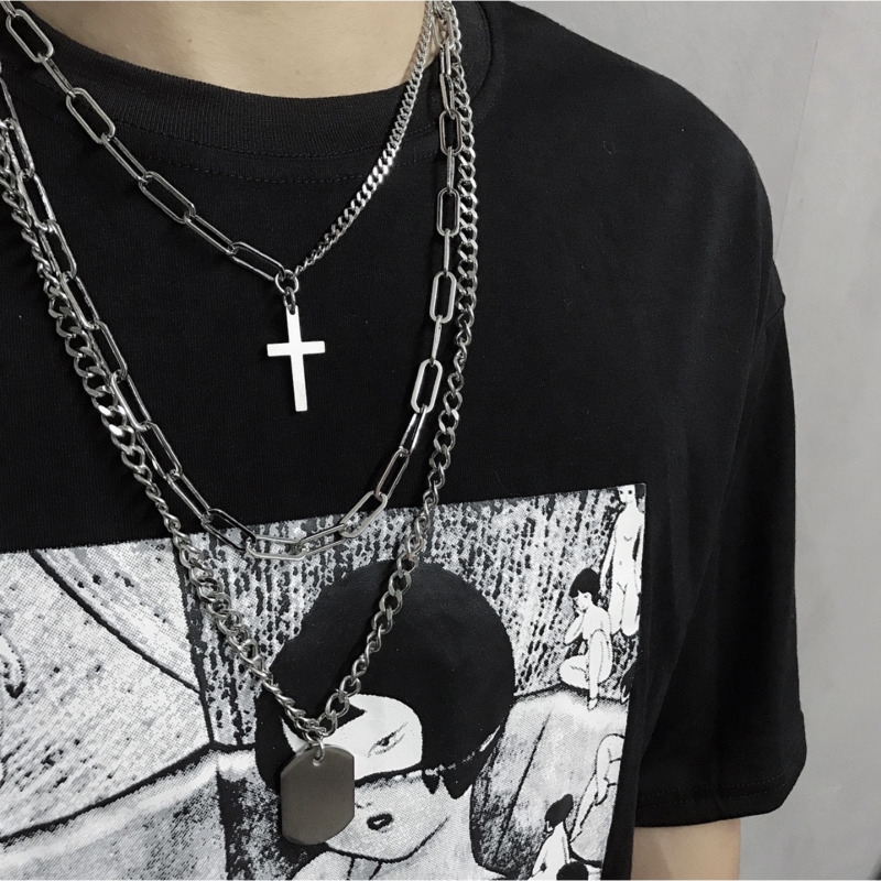 19002Hip-hop Bundy Multilayer Cross Necklace，Simple couple three-piece titanium steel chain