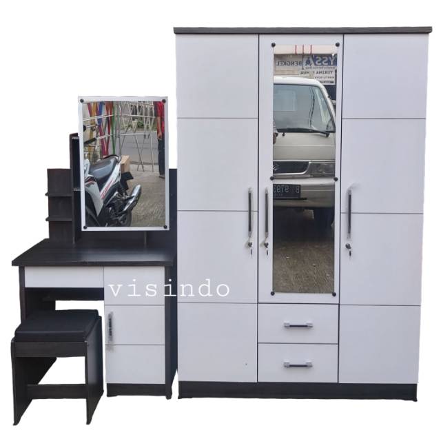 PAKET HEMAT LEMARI 3 PINTU PUTIH HITAM +MEJA RIAS PUTIH HITAM CERMIN SLIDING