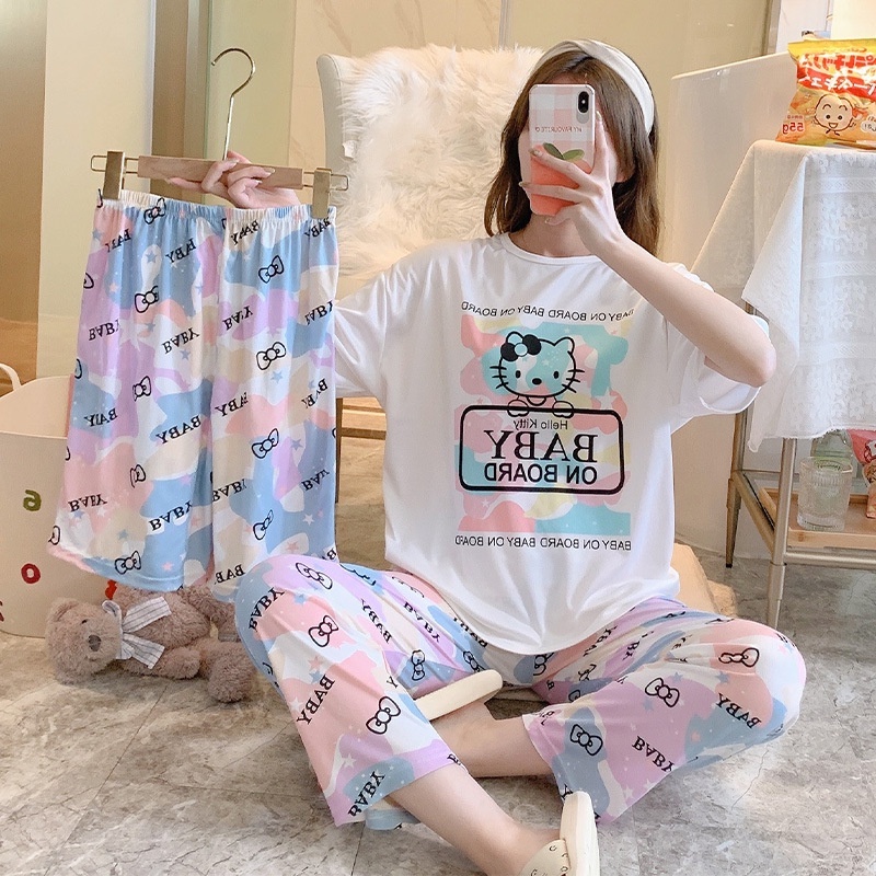 Baru set Baju Tidur Wanita Dewasa Oversize Piyama Bahan Kaos Celana Panjang & Pendek Setelan Baju Tidur 3IN1 Setelan Piyama-rainbow h.kitty