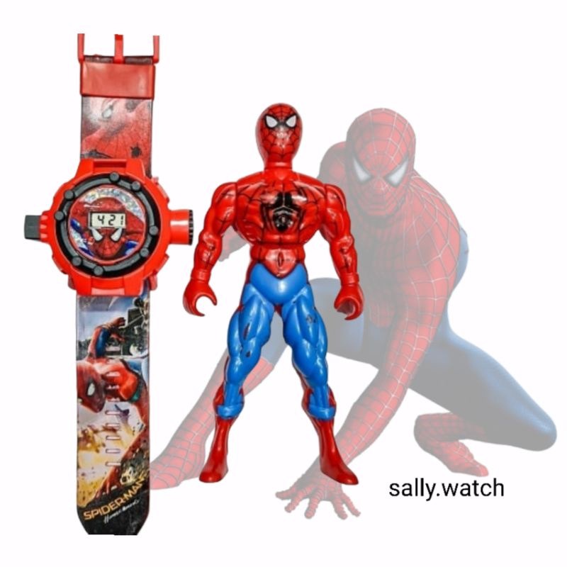 JAM TANGAN ANAK LAKI LAKI SPIDERMAN LAMPU PROYEKTOR 1 SET DENGAN MAINAN