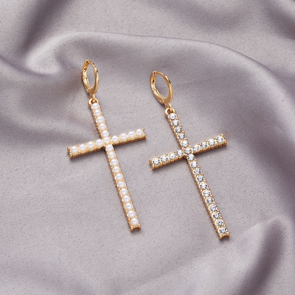 Korean fashion asymmetrical rhinestone pearl cross men's and women's ear buckle earrings