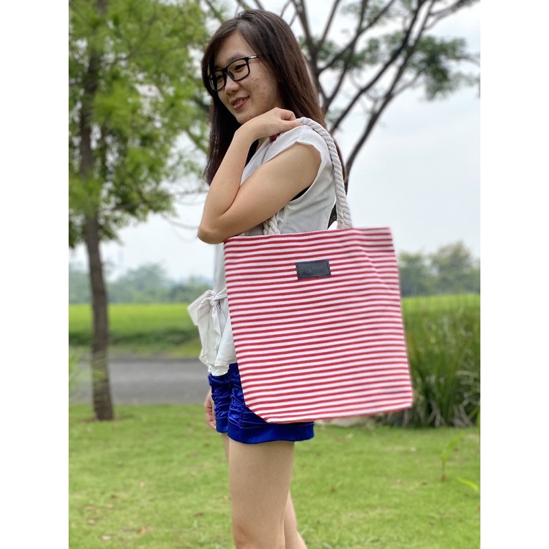 Totebag import salur stripe tas korea jinjing bahu kanvas tote bag