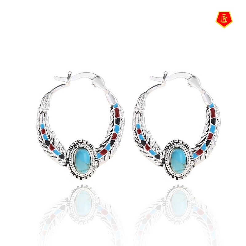 [Ready Stock]Luxury Inlaid Turquoise Feather-Shaped Earrings